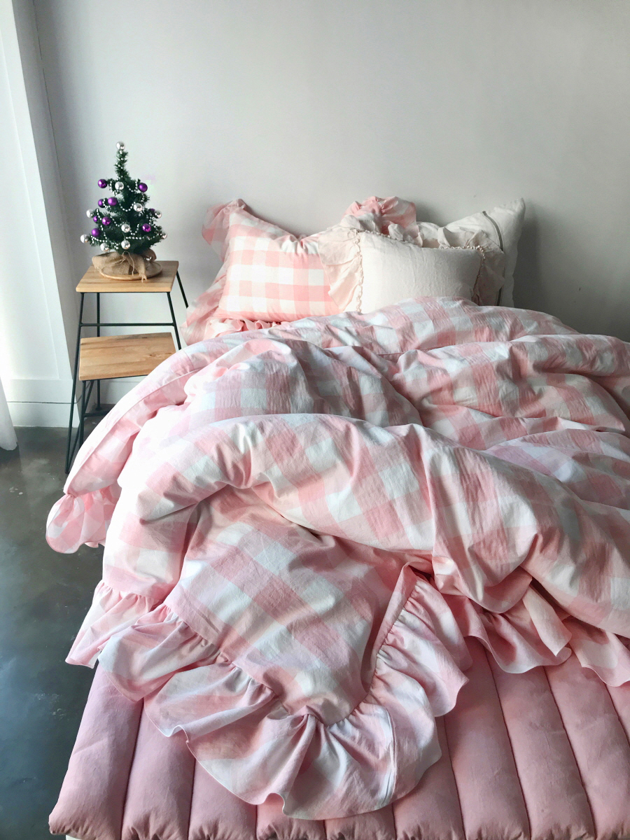韩国进口浅粉色大格子大荷叶边甜美INS风公主全棉四件套床品