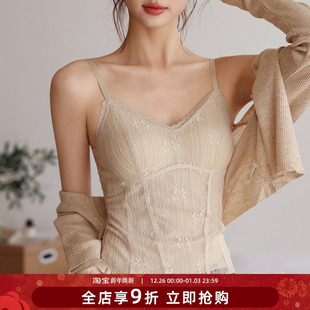 贴身日记法式 无痕带胸垫一体背心女单穿内搭上衣薄 鱼骨蕾丝吊带衫