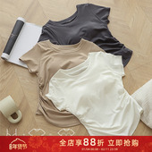 贴身日记打褶收腰遮肚显瘦正肩短袖 棉T恤女带胸垫免穿文胸短上衣