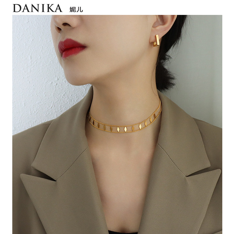 danika 2022年新款双层菱形亮片项链颈链女夏ins性感冷淡风锁骨链