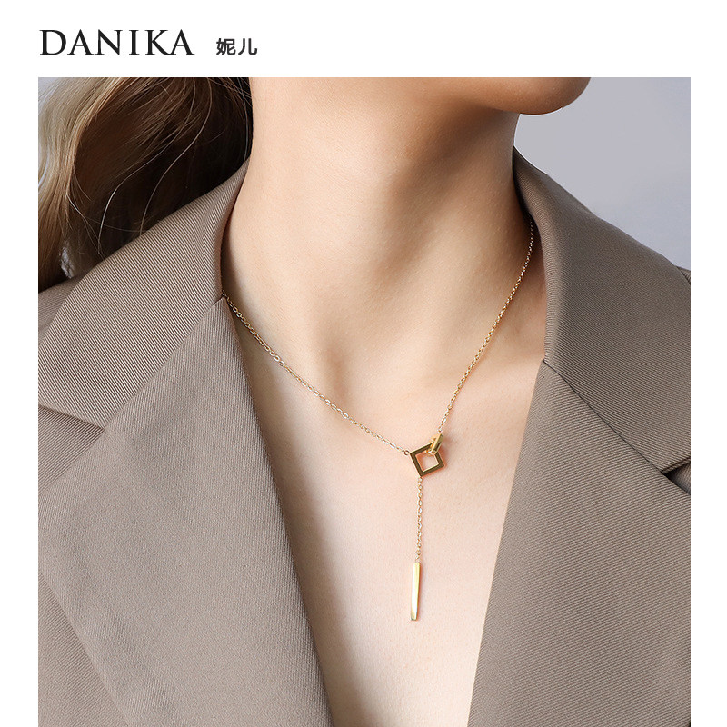 danika 欧美高级感镂空方块流苏锁骨链 小众轻奢气质项链毛衣链女