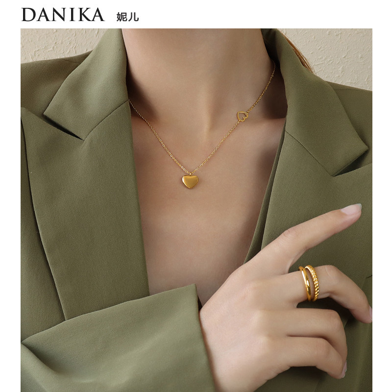 danika 法式18k镀金双桃心爱心吊坠项链女锁骨链轻奢小众日常通勤