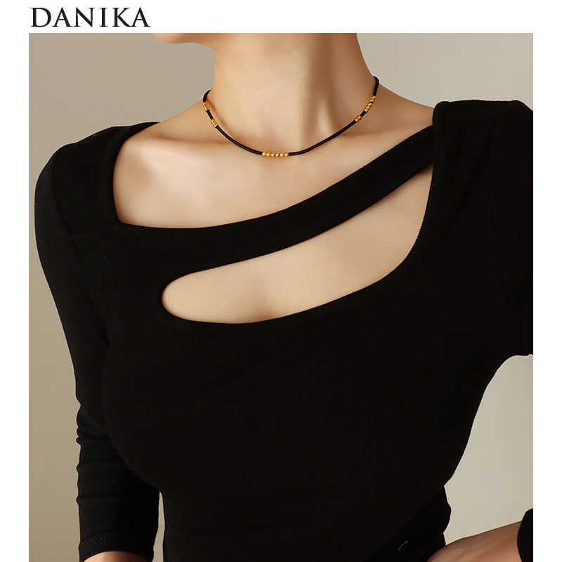 danika 法式黑色圆绳金珠项链女锁骨链洛丽塔气质颈戴choker项圈