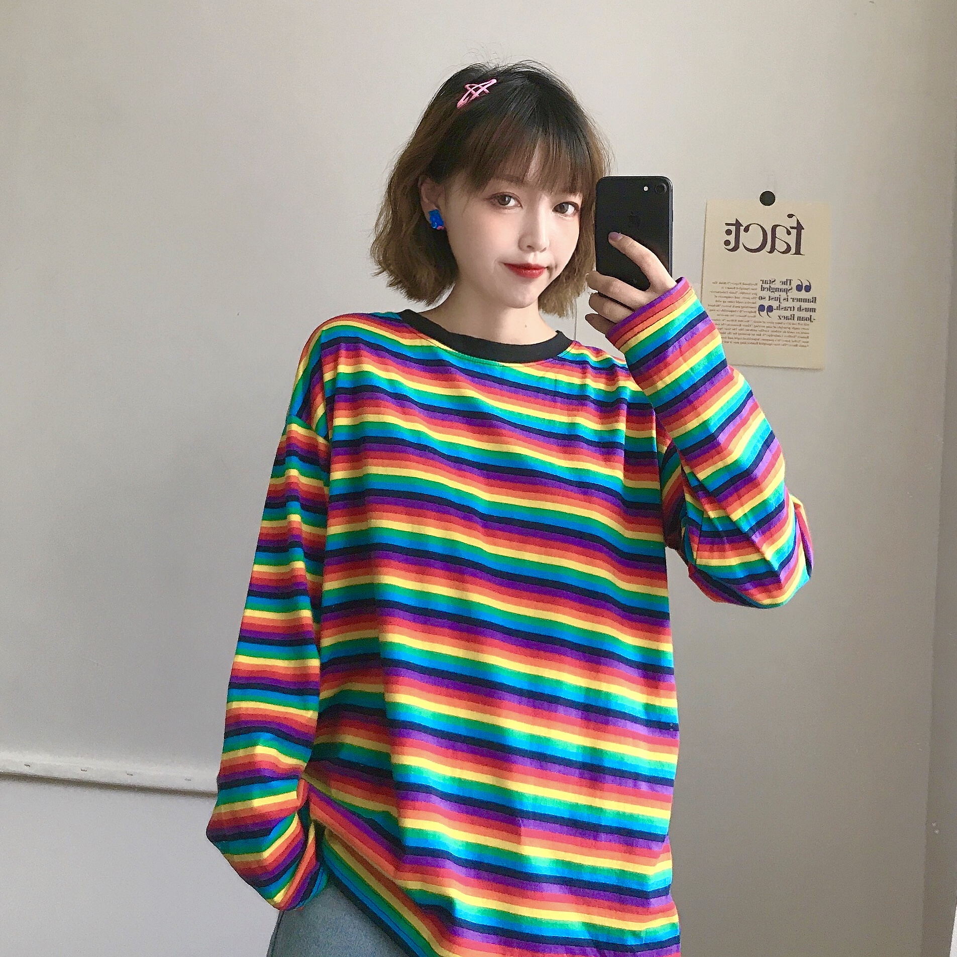 12-02新券早秋港味ins彩虹条纹长袖t恤女2019宽松bf慵懒风初秋mschf上衣服