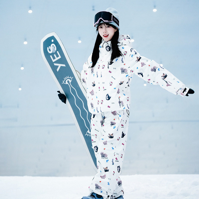 滑雪服女款卡通户外专业滑雪服套装女防水防风全套网红可爱装备@