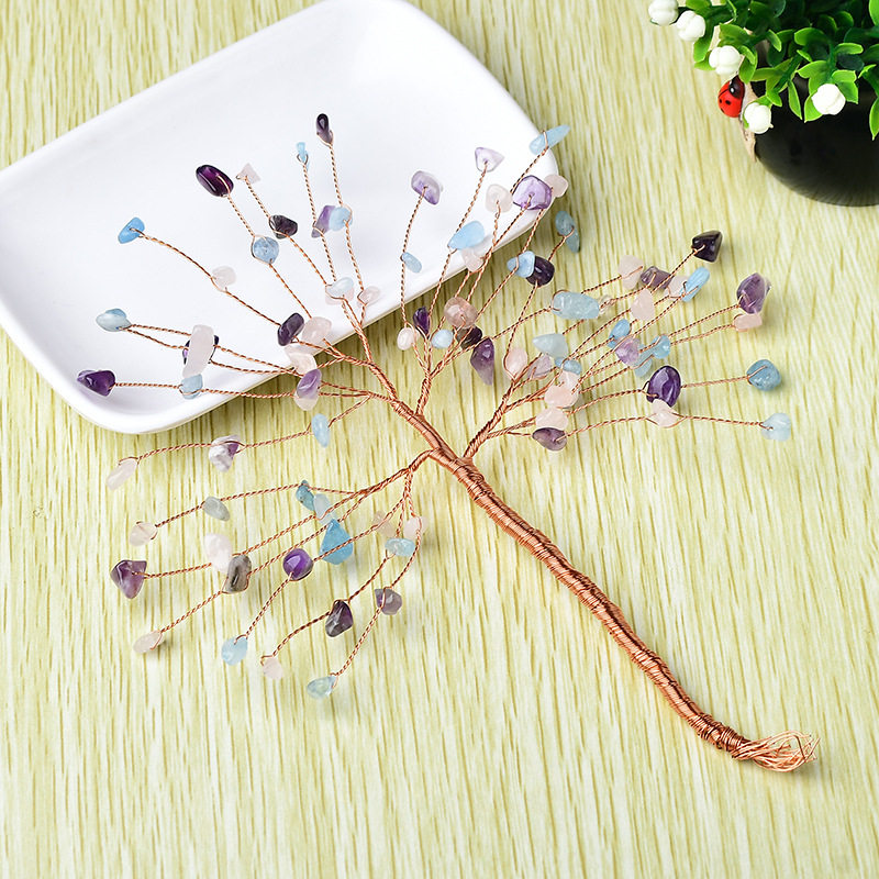 DIY材料半成品天然水晶碎石发财树 七彩花枝彩色花朵铜丝线水晶树