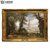 从主教花园望见 手绘欧式 饰画 客厅装 索尔兹伯里大教堂N193 油画