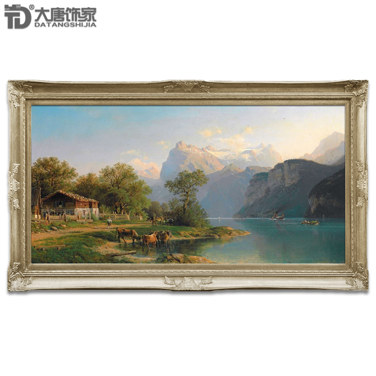 高档别墅客厅风景油画欧式手绘玄关装饰画  世界名画卢塞恩湖N256图片