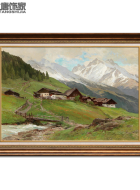 手绘复古侘寂风美式客厅风景油画 玄关壁炉装饰画 山区农舍N333