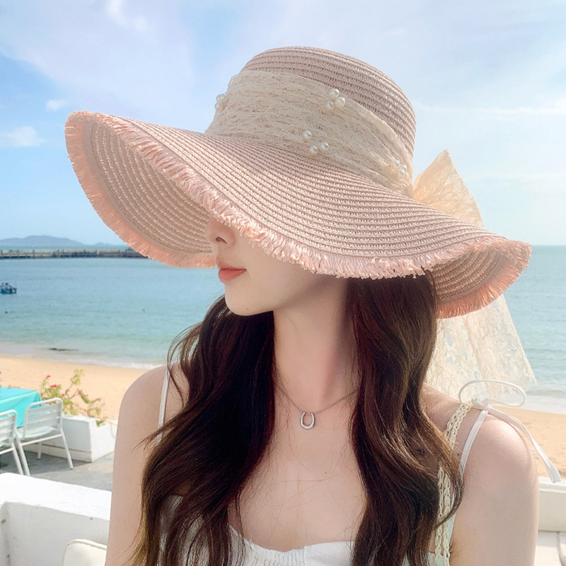 夏季新款帽子女丝带珍珠草帽海边沙滩防晒遮阳渔夫帽大帽檐太阳帽