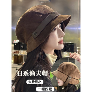 高级感灯芯绒渔夫帽女秋冬2025新款大头围帽子方圆脸显脸小贝雷帽