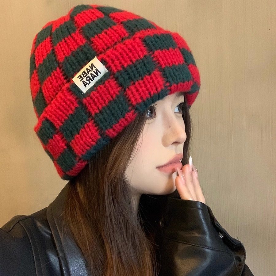 棋盘格子针织帽女秋冬季韩版小众大头围毛线帽日系显脸小圣诞帽子
