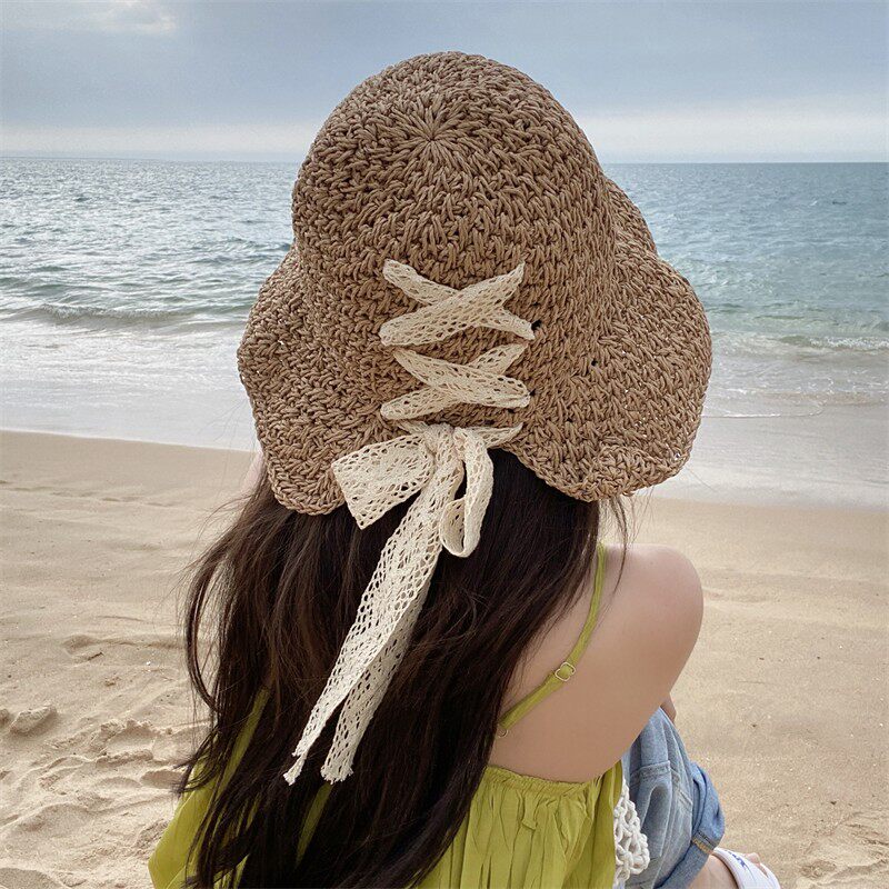 带防风绳帽子小清新蕾丝海边夏天防晒遮阳帽潮绑带草帽女可折叠的