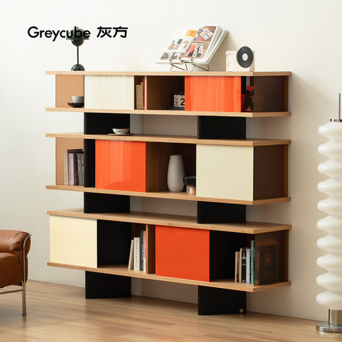灰方客厅落地半墙书柜包豪斯储物柜多层实木家用收纳柜一体靠墙
