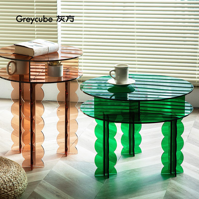 灰方网红双层收纳圆形小茶几边几