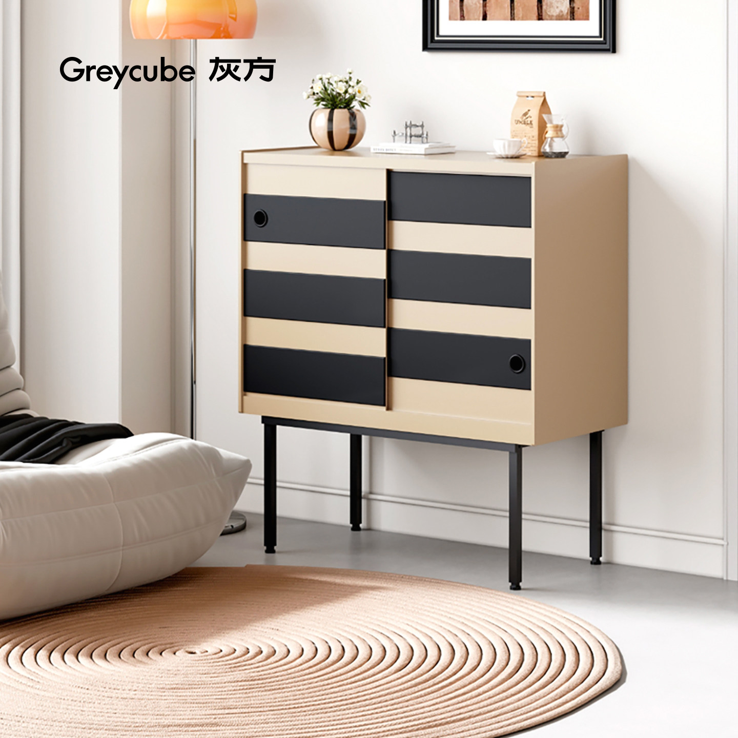 灰方亚克力餐边柜条纹玄关柜卧室客厅沙发置物柜中古风移门储物柜