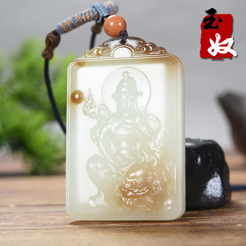 名家/新疆且末和田玉/糖羊脂白玉/文殊菩萨/观音/平安牌吊坠/70克
