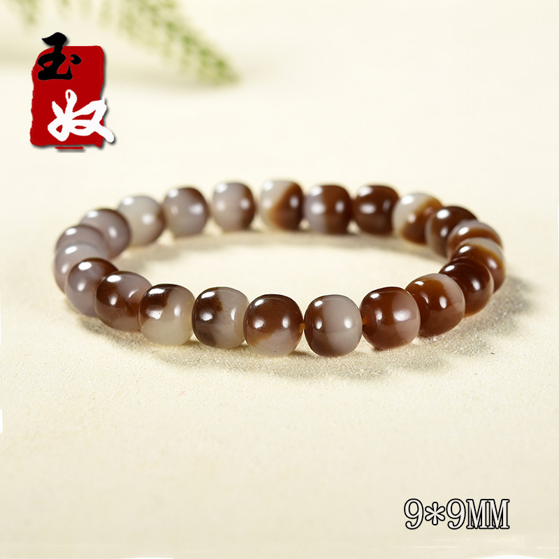 新疆且末县金山矿天然巧克力糖白和田玉/9*9mm老型珠手串/25.69克