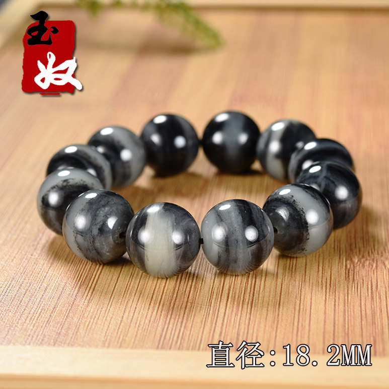 新疆玉龙喀什河天然黑白分明一线天籽料青花墨玉/18mm大圆珠手串
