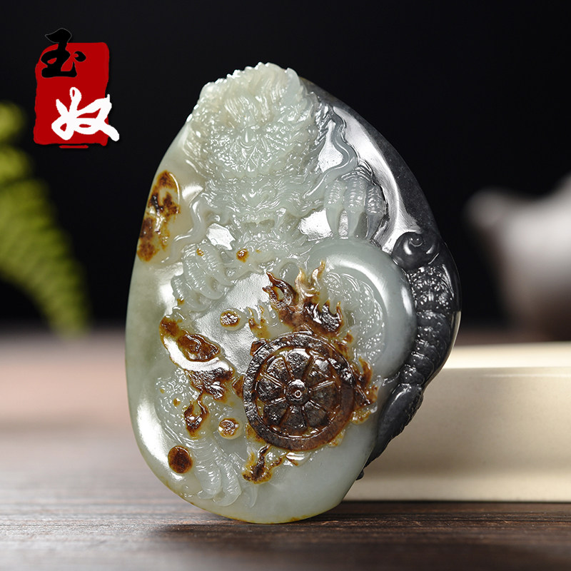 新疆玉龙喀什河枣红皮黑白墨玉籽料和田玉/双龙/蝙蝠/吊坠/手把件