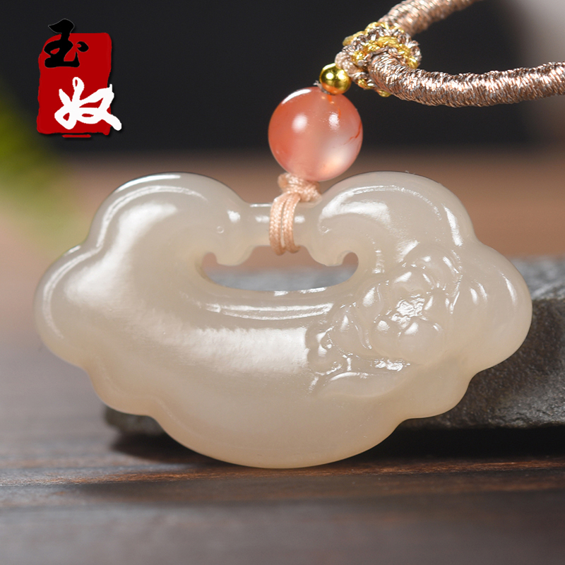 青海老坑料天然和田玉/冰底藕粉色带紫/荷花平安锁/吊坠/13.64克