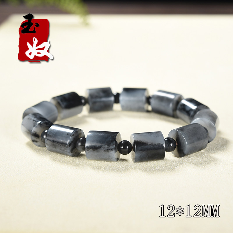 新疆玉龙喀什河黑白分明黑青花墨玉籽料/老型桶珠/手串/52.37克