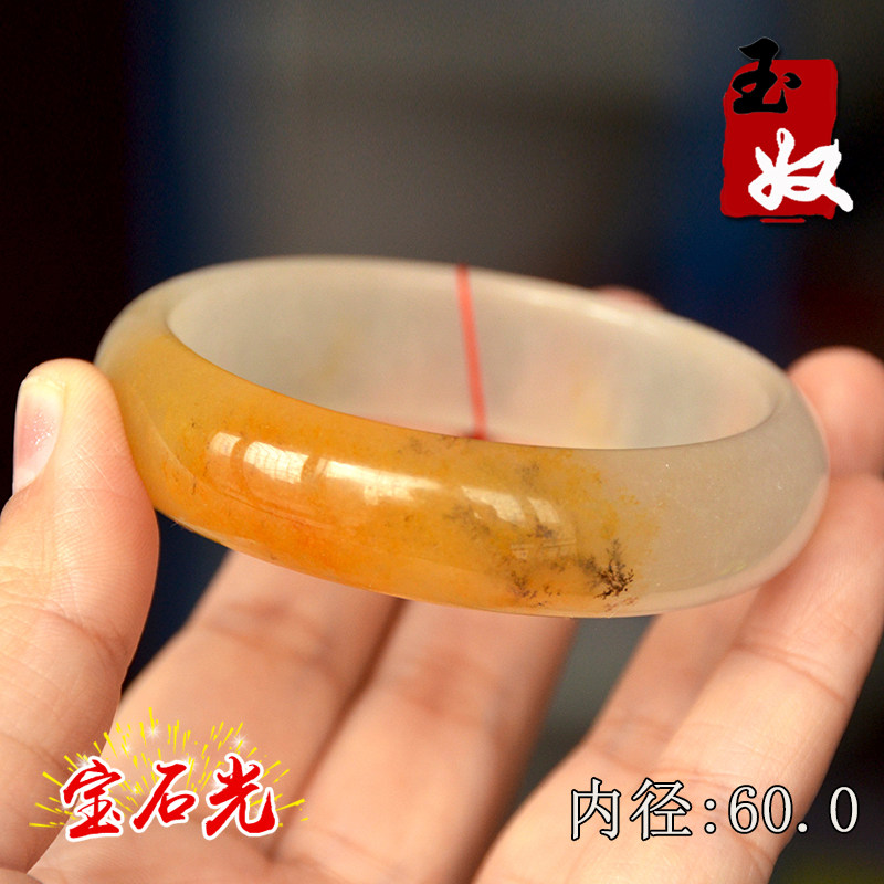 新疆阿勒泰天然金丝玉/柠檬鸡油黄白色/水草花玉/宝石光/手镯/60