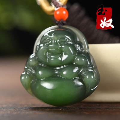 俄罗斯老坑料天然冰底起胶带紫色辣阳绿碧玉/笑佛/吊坠/9.02克