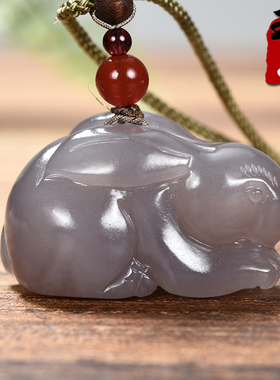 青海天然和田玉/冰底紫罗兰色老坑料/生肖兔前途无量吊坠/23.03克