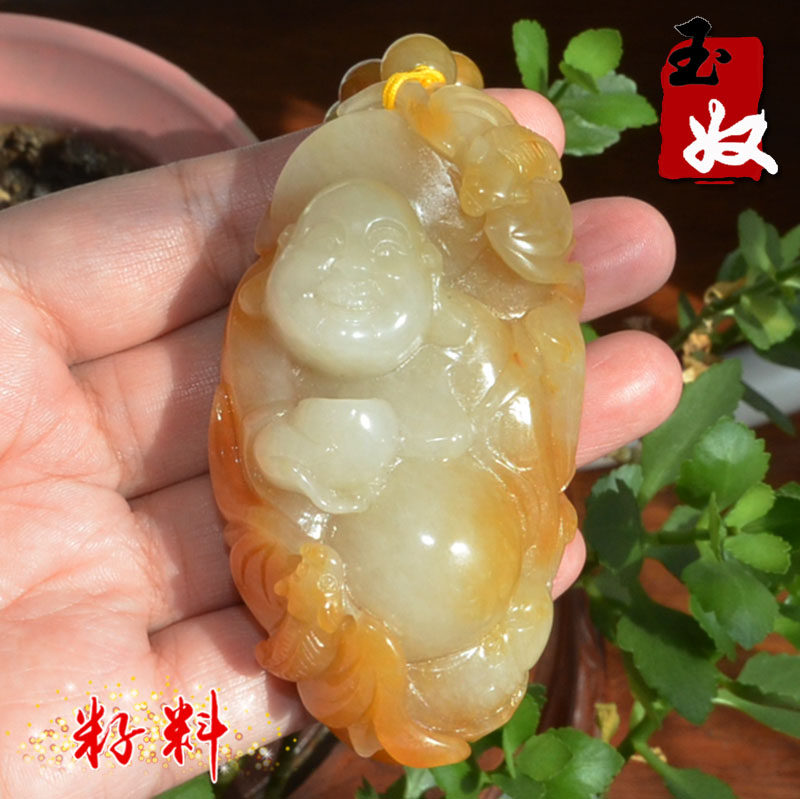 玉奴/新疆天然金丝玉/鸡油黄/彩玉细冻料/宝石光/佛引福来/手把件