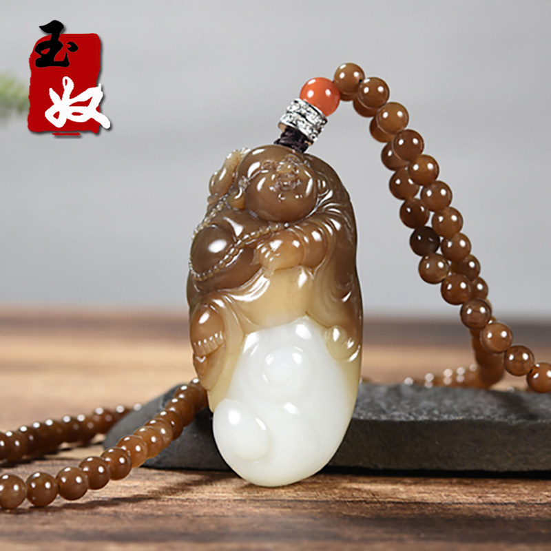 名家/新疆且末天然和田玉/红黄糖双色/羊脂白玉/笑佛/把件/大吊坠