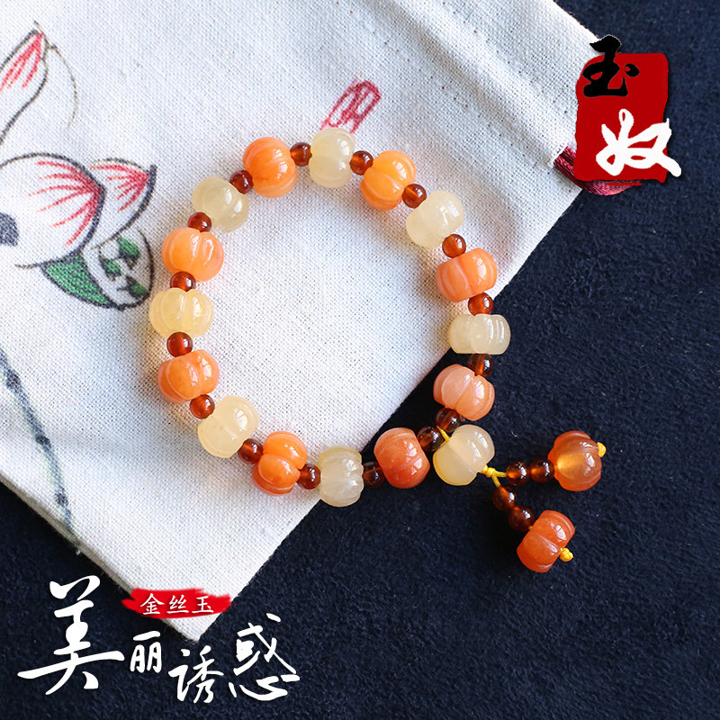 玉奴/新疆阿勒泰天然金丝玉/红黄色/冰底/南瓜珠/手串/脚链