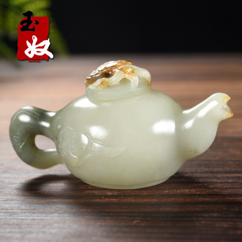 新疆天然洒金皮墨点青花籽料墨玉/和田玉/如意/花/茶壶/把件/摆件