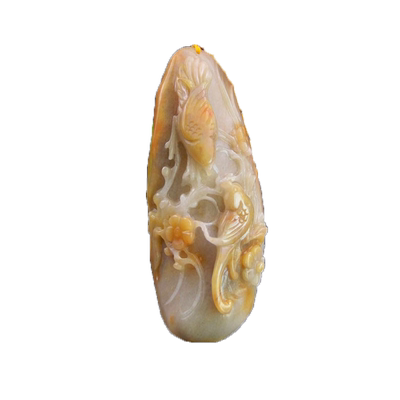 新疆天然金丝玉/黄白灰色地表籽料彩玉/安居乐业/喜鹊把件/大吊坠