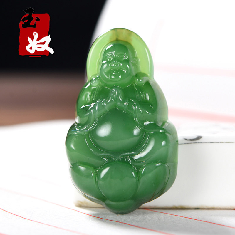 俄罗斯老坑料天然冰底起胶起荧光/苹果嫩阳绿碧玉/坐莲笑佛/吊坠图片