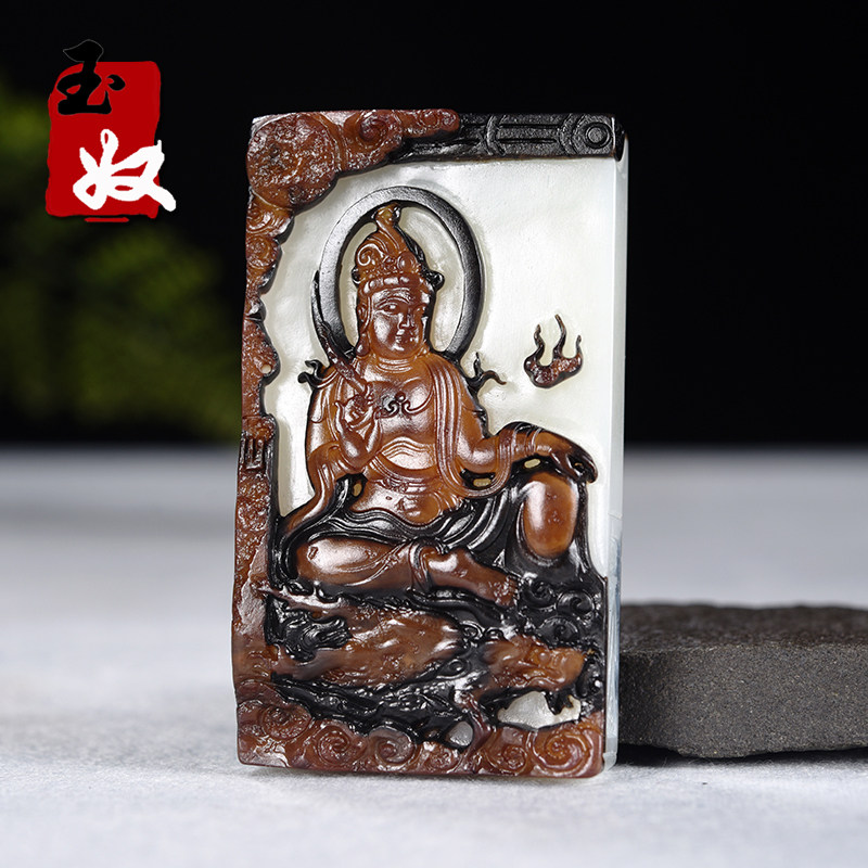 俄罗斯天然灰皮料三色油皮和田玉/御龙观音平安牌/吊坠/把件/挂摆