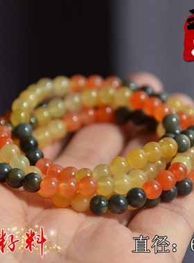 新疆天然金丝玉/红黄灰色地表籽料彩玉细料6mm圆珠108颗手串/项链