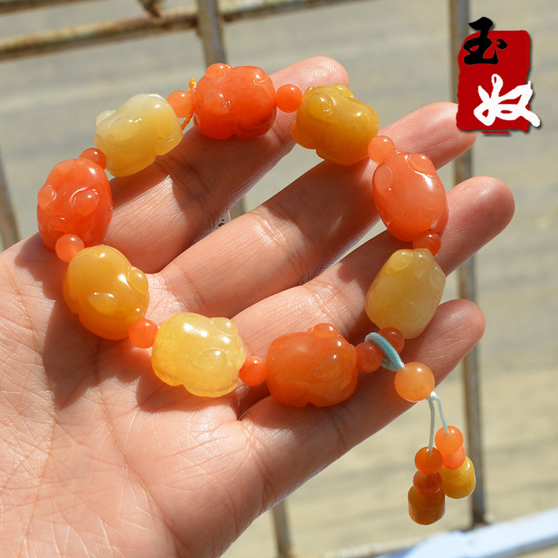 新疆天然金丝玉/红黄色果冻色/宝石光细料/福猪/生肖猪/手串/脚链