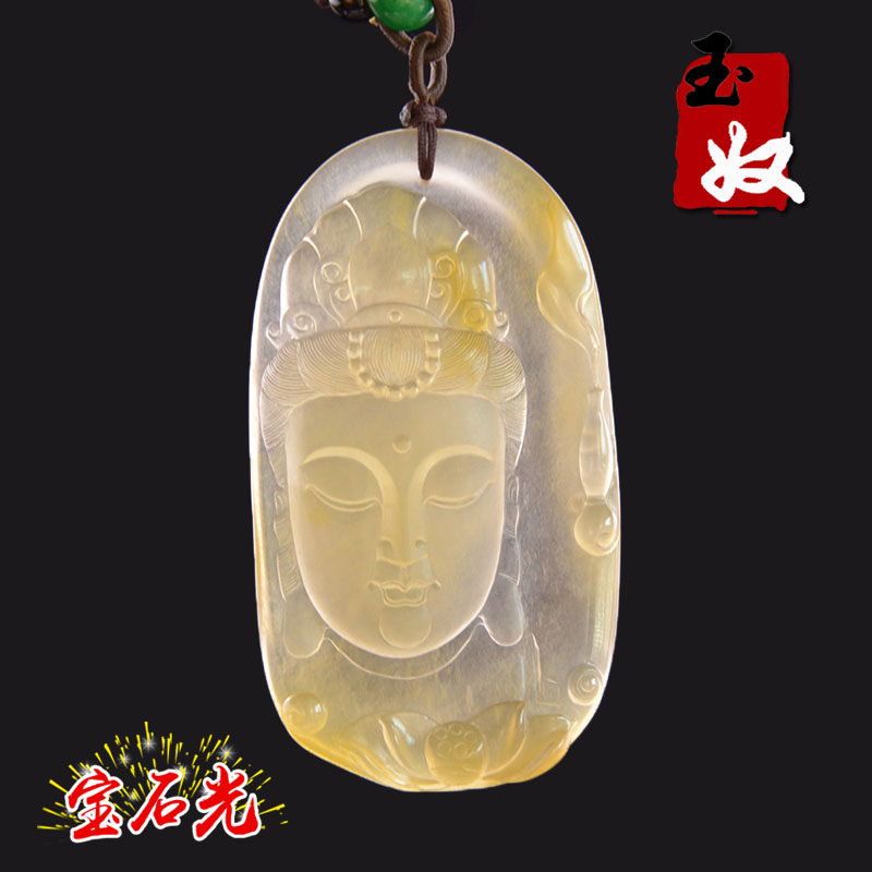 新疆克拉玛依天然金丝玉/黄白色宝石光玻璃光/地表籽料/观音/吊坠