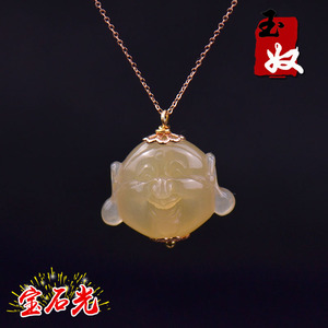 玉奴/新疆阿勒泰天然金丝玉吊坠/18K金项链/白色宝石光/笑佛