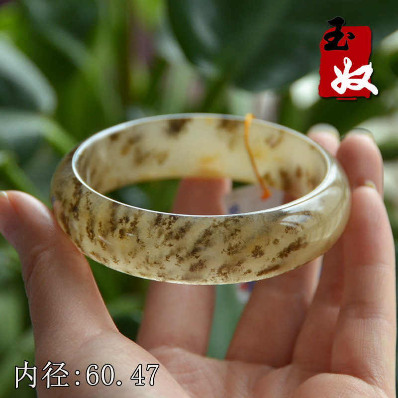 玉奴/新疆阿勒泰天然金丝玉手镯子/白色宝石光/草花玉满花/60/61