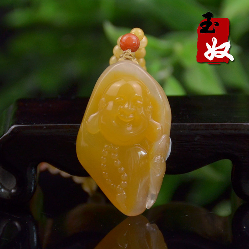 玉奴/新疆阿勒泰天然金丝玉吊坠/黄白色宝石光含金沙籽料/笑佛