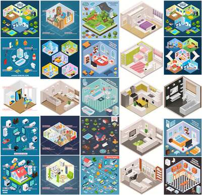 A0564矢量AI设计素材 28张扁平化轴测图室内场景智能家居卧室厨房