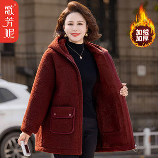 中老年女装加绒加厚保暖颗粒绒棉衣妈妈冬装仿羊羔绒连帽棉服外套