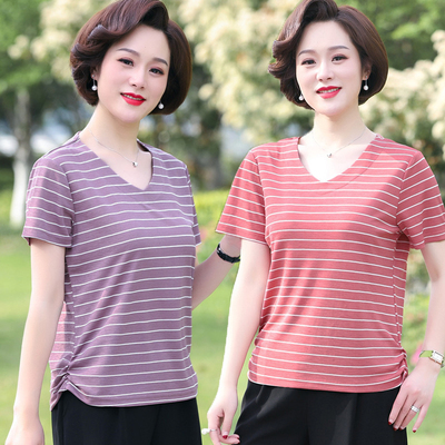 中老年女装条纹短袖套装两件套T恤中年妈妈装加肥加大码洋气夏装
