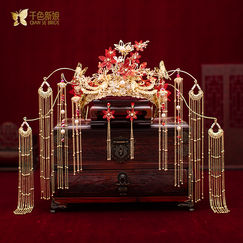 红色耳环大气婚礼发饰套装凤冠