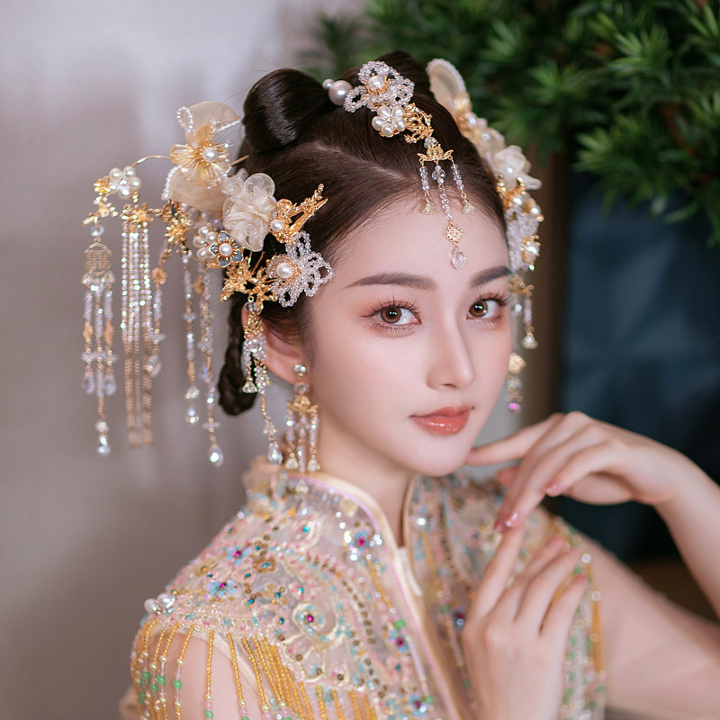 新款金色蝴蝶结中式古装凤冠古典婚礼新娘秀禾服龙凤袿头饰品玲菲