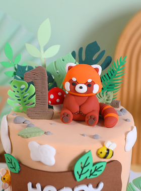 卡通蛋糕装饰小浣熊红熊猫软胶玩偶摆件森系儿童生日树叶木牌插牌