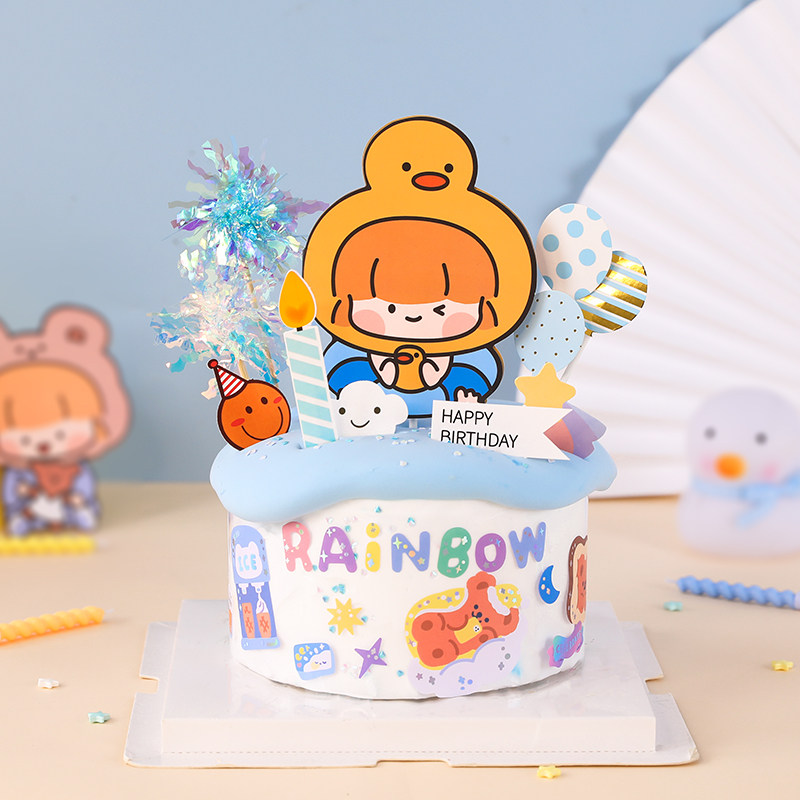 烘焙蛋糕装饰少女心手绘贴纸插牌卡通小熊兔子黄鸭宝宝祝福卡片