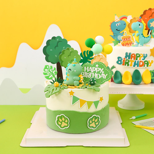 卡通派对帽恐龙男孩生日蛋糕装饰